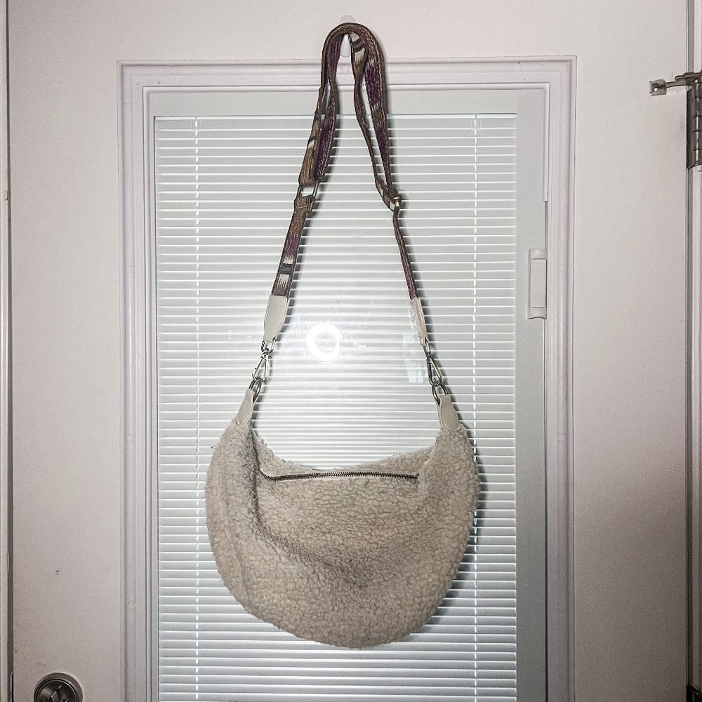Anthropologie Sherpa Crossbody Bag with Crescent Shape and Boho Print Strap